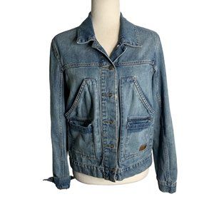 ROXY Distressed Soft Denim Jean Jacket L Med Wash Button Front Pockets Collar